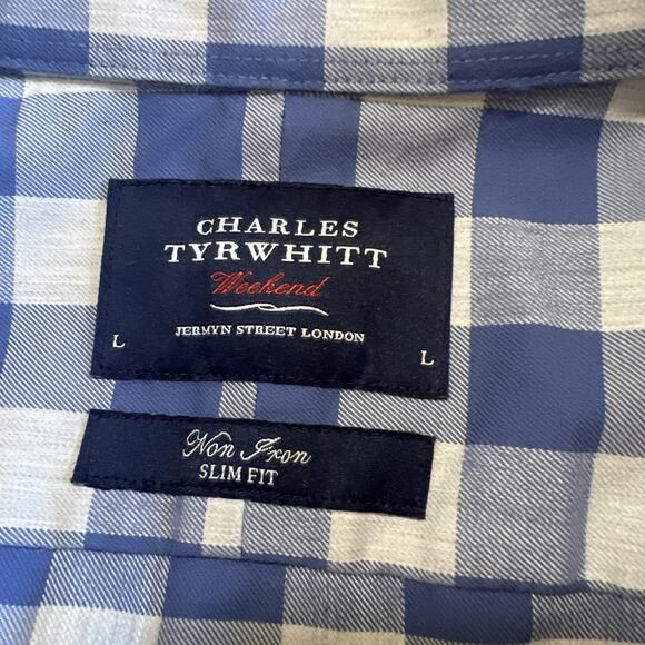 Charles Tyrwhitt Shirt Large Weekend No Iron Slim Fit Blue/Gray Check Preppy - Picture 5 of 9